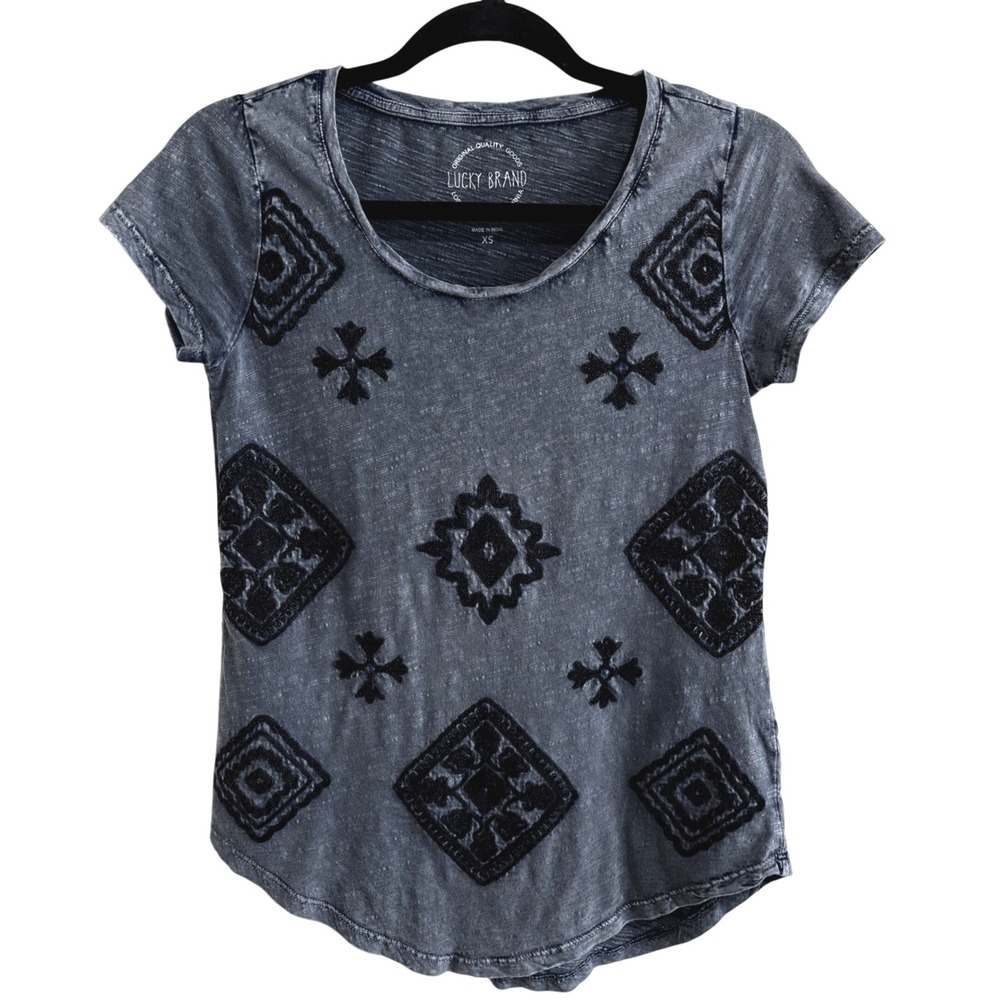 Lucky Brand Y2K Embroidered Cotton Tee Women's XS Blue Desert Boho Southwestern